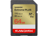 Tarjeta SD - SANDISK Extreme Plus, 64 GB, Vídeo 4k UHD, Hasta 170 MB/s lectura, U3, V30, C10, UHS-I, Oro