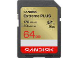 Tarjeta SD - SANDISK Extreme Plus, 64 GB, Vídeo 4k UHD, Hasta 170 MB/s lectura, U3, V30, C10, UHS-I, Oro