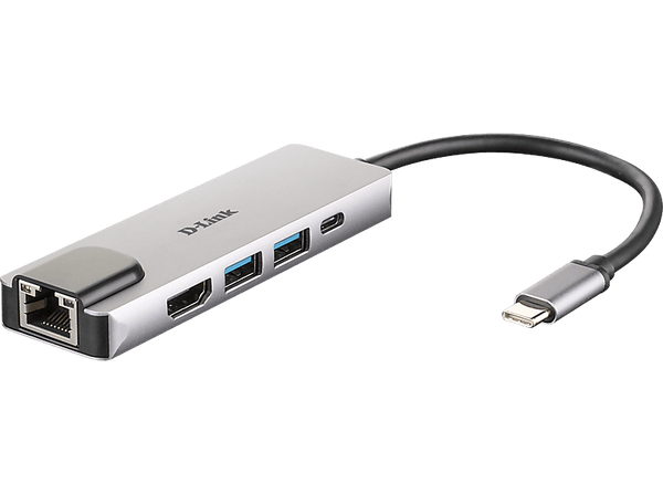 Hub - D-Link DUB-M520, 5 en 1 con HDMI/Ethernet/USB 3.0 y suministro eléctrico, 5 Gbps, Plata
