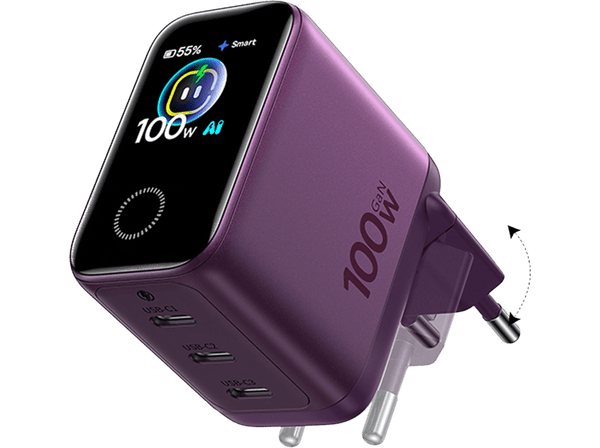 Cargador de pared - Baseus PicoGo AH22,  100W, USB-C, Carga ultrarrápida simultánea, Triple puerto, Pantalla inteligente, Con cable 1m, Dark Cherry