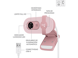 Webcam - Logitech Brio 100, Iluminación automática, Full HD 1080p, USB, Micrófono omnidireccional integrado, Tapa de privacidad, PC-Mac, Rosa