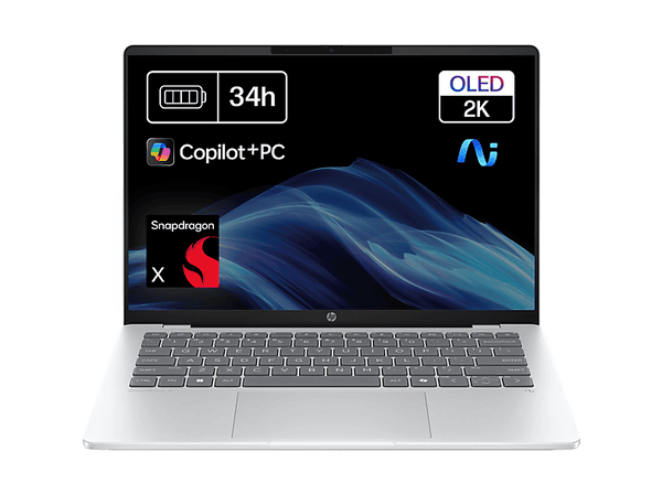 Portátil - HP OmniBook 5 NGAI 14-he0000ns Copilot+ PC, 14" 2K, Snapdragon X1-26-100 45 TOPS, 16GB RAM, 512GB SSD, Gráficos Adreno™, W11 Home, Plata