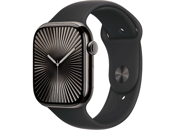 Apple Watch Series 10 (2024), GPS + Cellular, 46 mm, Gesto de doble toque, Caja de titanio Pizzarra, Correa deportiva Negra, Talla M/L