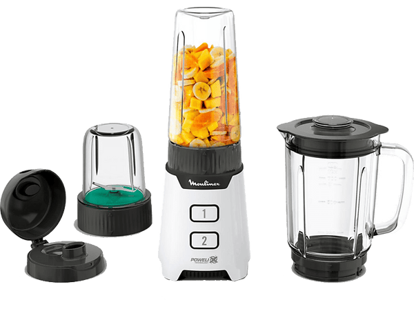Batidora de vaso - Moulinex LM16L1, 400 W, 1 l, 2 Velocidades, 4 Cuchillas Powelix, Incluye Picadora y Botella de 0.6l, Blanco
