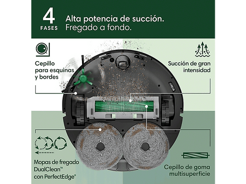 Robot friegasuelos - iRobot Roomba® Plus 505, 295 ml Depósito Polvo, 3l Depósito Agua Base, 3h Autonomía, Negro
