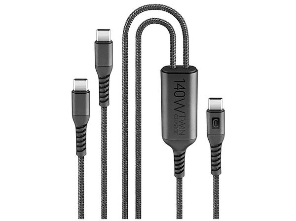 Cable USB - CellularLine Twin Charge Cable USB C, Carga simultánea, 140 W, Universal, Negro
