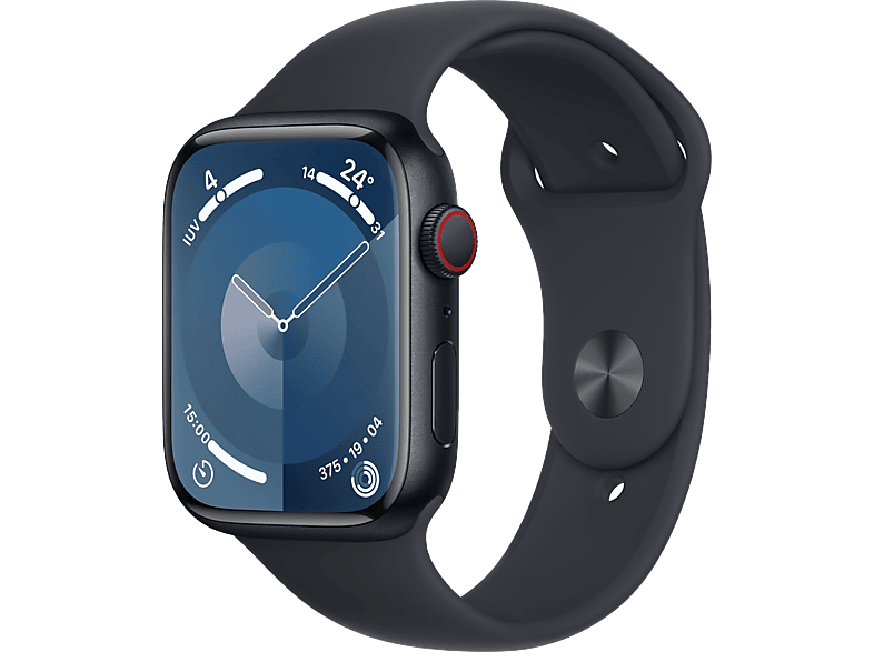 Apple Watch Series 9 (2023), GPS+CELL, 45 mm, Gesto de doble toque, Caja de aluminio medianoche, Correa deportiva medianoche, Talla M/L