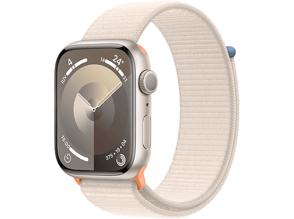 Apple Watch Series 9 (2023), GPS, 45 mm, Gesto de doble toque, Caja de aluminio blanco estrella, Correa Sport Loop blanco estrella