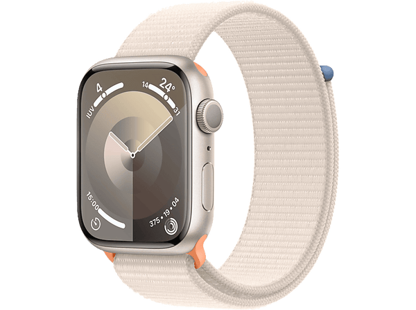 Apple Watch Series 9 (2023), GPS, 45 mm, Gesto de doble toque, Caja de aluminio blanco estrella, Correa Sport Loop blanco estrella