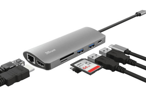Adaptador USB - Trust 23775 Dalyx 7-in-1 USB-C Multiport, 7 Puertos, Plata