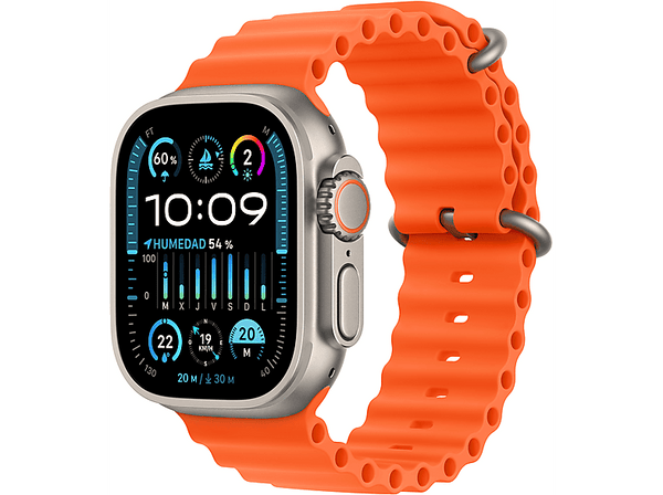 Apple Watch Ultra 2 (2023), GPS + Cellular, 49 mm, Caja de titanio, Gesto doble toque, Correa Ocean Band de color Naranja