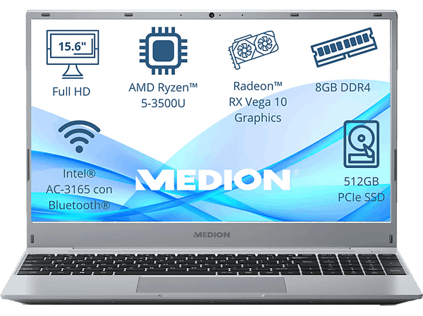 Portátil - Medion Akoya MD62428, 15.6 " Full HD, AMD Ryzen™ 5 3500U, 8GB RAM, 512GB SSD, Radeon™ RX Vega 10, Sin sistema operativo