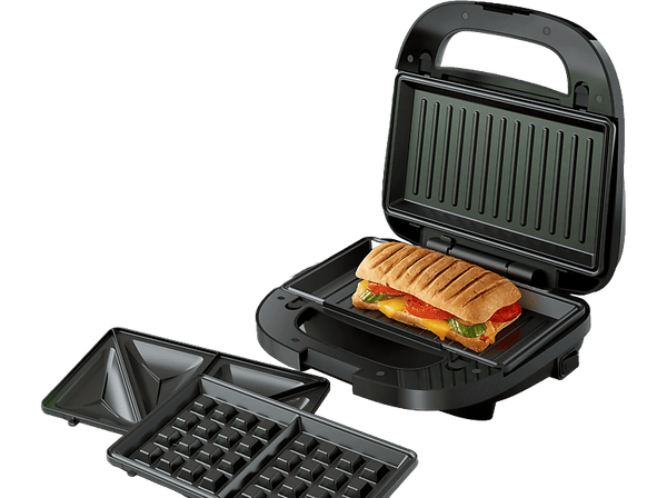 Sandwichera - Philips HD2350/80,  Sandwichera 3 en 1, 750 W, 2 sandwiches, Acero inoxidable, 3 placas intercambiables, Negro