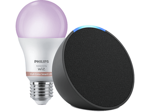 Pack de Echo Pop Altavoz inteligente con Alexa, Antracita + Bombilla inteligente Philips Smart LED, 8,5 W (Eq. 60 W) A60 E27, Luz Blanca y Colores
