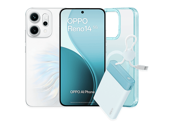 Móvil - OPPO Reno14, Opal White, 512 GB, 12 GB RAM, 6.59 " 2.5D AMOLED, Mediatek Dimensity 8350 (4nm), 6000 mAh, IP69, Incluye Powerbank
