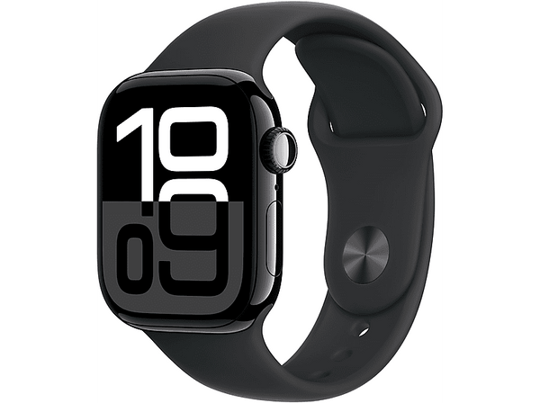 Apple Watch Series 10 (2024), GPS, 42 mm, Gesto de doble toque, Caja de aluminio Negro azabache, Correa deportiva Negra, Talla S/M