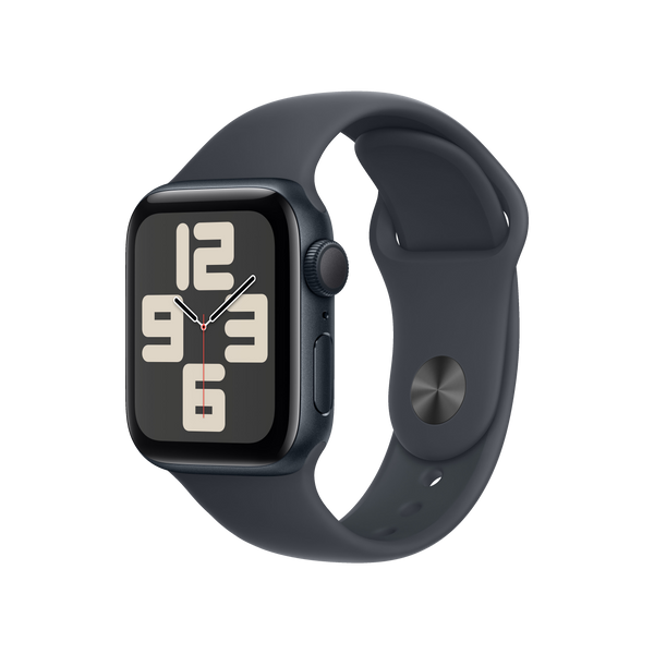 Apple Watch SE (2024), GPS + Cellular, 44 mm, Caja de aluminio Medianoche, Vidrio delantero Ion-X, Correa deportiva Medianoche, Talla S/M