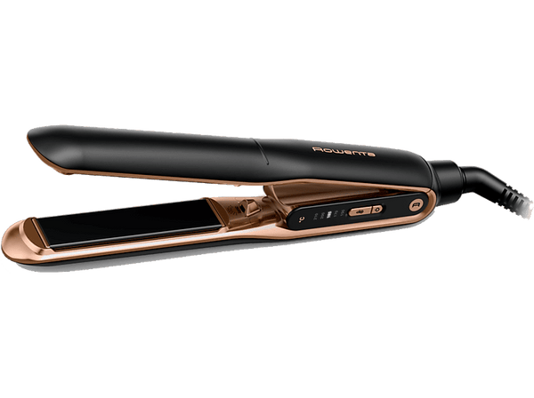 Plancha de pelo - Rowenta Ultimate Experience Thermocare SF8120F0, Tecnología iónica, Revestimiento titanio, 210º C, 5 temperaturas, Panel LED, Negro