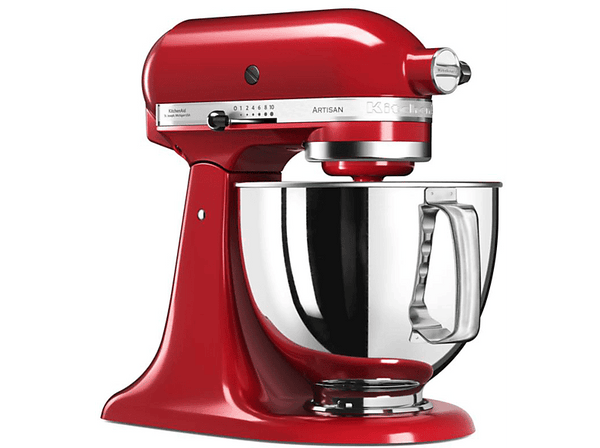 Robot amasador - Kitchen-Aid Artisan 5KSM125EER, 300W, 4.8 l, Hasta 220 rpm, 4 accesorios, Rojo