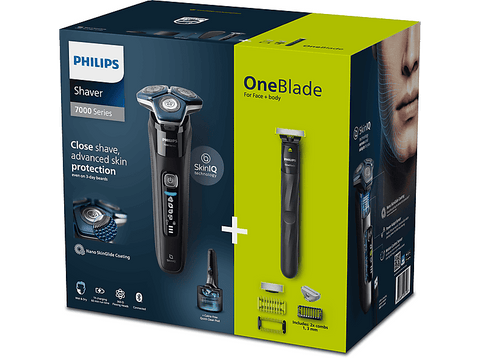 Afeitadora - Philips S7000 S7886/78 + One Blade, Afeitadora eléctrica, Seco y mojado, Base de limpieza, Soporte de carga, Cortapatillas, Azul