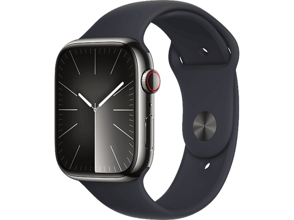 Apple Watch Series 9 (2023), GPS+CELL, 45 mm, Gesto de doble toque, Caja de acero inoxidable grafito, Correa deportiva medianoche, Talla S/M