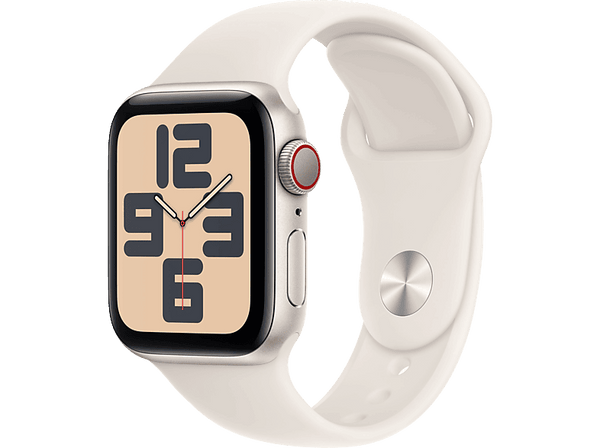 Apple Watch SE (2024), GPS + Cellular, 44 mm, Caja de aluminio Blanco estrella, Vidrio delantero Ion-X, Correa deportiva Blanco estrella, Talla M/L