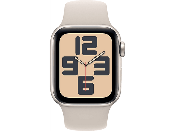 APPLE Watch SE (2023), GPS, 40 mm, Caja de aluminio blanco estrella, Talla M/L, Vidrio delantero Ion-X, Correa deportiva blanco estrella