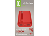 Powerbank - CellularLine Essential, 10000 mAh, 12W, 72 horas, USB C, USB A, Rojo