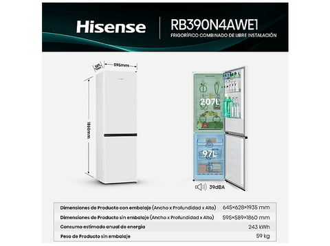 Frigorífico combi - Hisense RB390N4AWE1 , Puerta reversible, Congelamiento rápido, No Frost, 186 cm, 304 l, Blanco