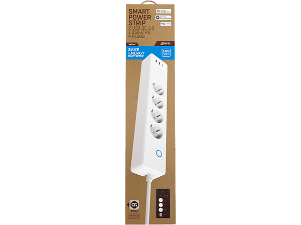 Regleta inteligente - Muvit IO MIOSTR002, 4 tomas, 3 USB, Compatible Google Home y Alexa, Wi-Fi, Blanco