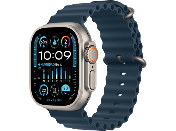 Apple Watch Ultra 2 (2023), GPS + Cellular, 49 mm, Caja de titanio, Gesto doble toque, Correa Ocean Band de color Azul