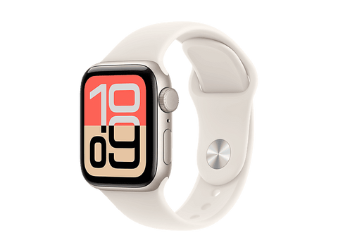 Apple Watch SE 3 (2025), GPS+CEL, 40 mm, Caja de aluminio Blanco estrella, Correa deportiva Blanco estrella, S/M, Calidad sueño, Medición temperatura