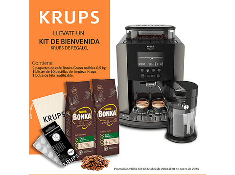 Cafetera superautomática - Krups EA819E Arabica Latte, 2 Tazas, 3 Temperaturas, Depósito Extraíble, Pantalla LCD, Negra