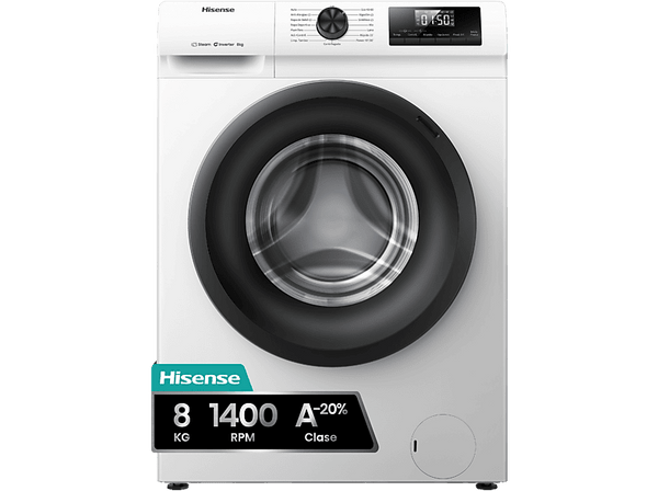 Lavadora carga frontal - Hisense WF1Q8041BW, 8 kg, 1400 Rpm, Función Vapor, Eficiencia A-20%, Blanco
