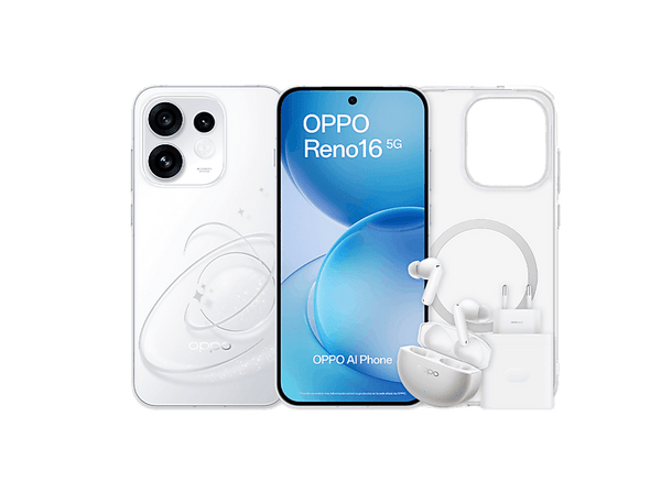 Móvil - OPPO Bundle Reno16, Blanco, 512GB, 8GB RAM, 6.32" AMOLED, Qualcomm  Snapdragon® 7 Gen 4, 6000mAh, Incluye Funda, Auriculares y Cargador