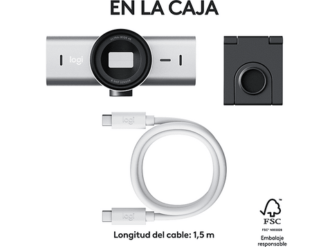 Webcam - Logitech MX Brio, Ultra HD 4K, Corrección de iluminación automática, Autoencuadre, Micrófonos/reducción de ruido, Tapa de privacidad, Gris
