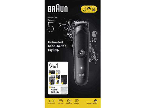 Afeitadora multifunción - Braun Todo En Uno Series 5 AIO5540, Kit De Styling 9 en 1, Lámina Afilada, 14 Longitudes, Barba, Pelo y Cuerpo, Negro