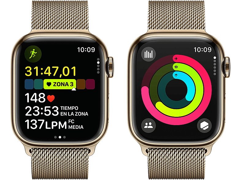 Apple Watch Series 9 (2023), GPS+CELL, 41 mm, Gesto de doble toque, Caja de acero inoxidable oro, Correa Milanese Loop oro