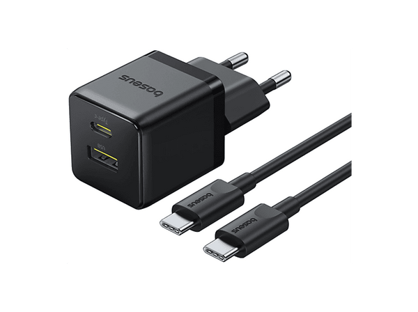 Cargador de pared - Baseus PALM, 30W, USB y Tipo-C, Kit con cable Tipo-C de 100 cm, Universal, Negro