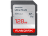 Tarjeta SD - SANDISK Ultra Plus, 128 GB, Hasta 200 MB/s, UHS-I, Vídeo Full HD, V10, C10, Resistente al Agua, Plata
