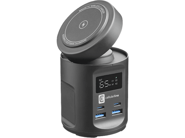 Cargador inalámbrico - CellularLine MAG HUB, Universal, 4 puertos USB, 64 W, USB-C, USB-A, Negro