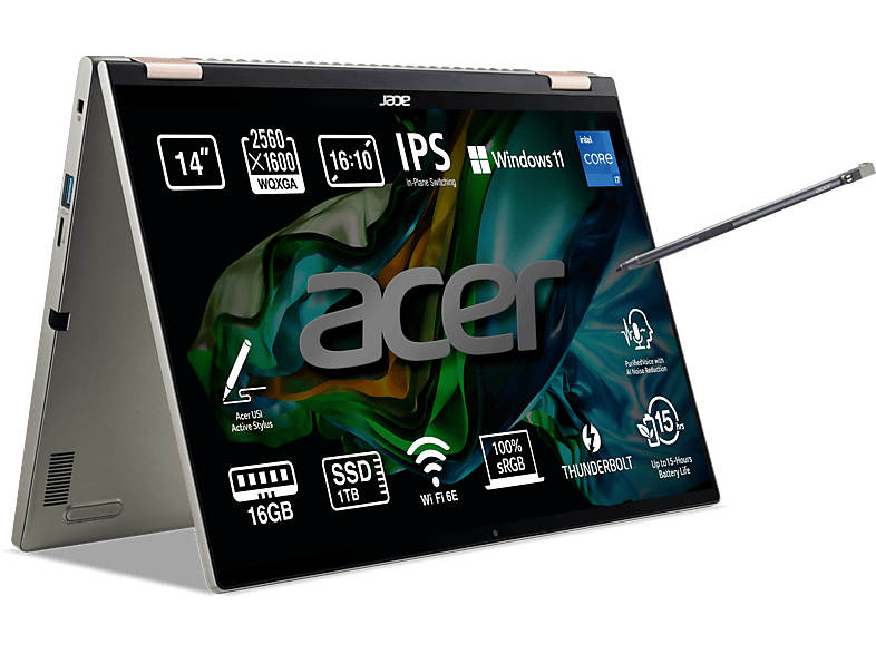 Convertible 2 en 1 - Acer Spin SP514-51N, 14 WQXGA, Intel® Core™ i7-1260P, 16GB RAM, 1TB SSD, UMA, Windows 11 Home, Gris