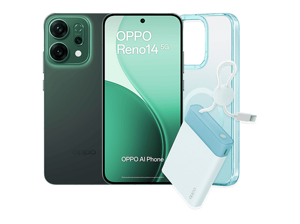 Móvil - OPPO Reno14, Luminous Green, 512 GB, 12 GB RAM, 6.59 " 2.5D AMOLED, Mediatek Dimensity 8350 (4nm), 6000 mAh, IP69, Incluye Powerbank