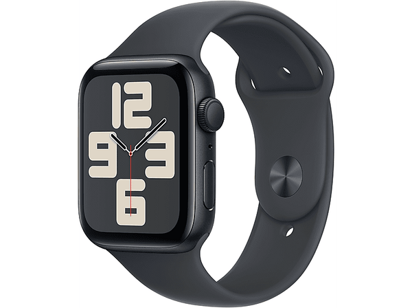 Apple Watch SE (2024), GPS, 44 mm, Caja de aluminio Medianoche, Vidrio delantero Ion-X, Correa deportiva Medianoche, Talla S/M