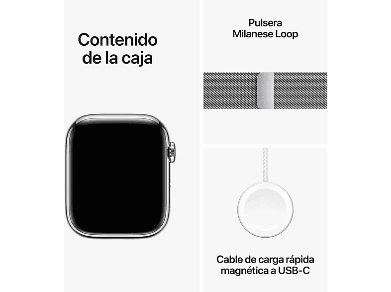 Apple Watch Series 9 (2023), GPS+CELL, 45 mm, Gesto de doble toque, Caja de acero inoxidable plata, Correa Milanese Loop plata