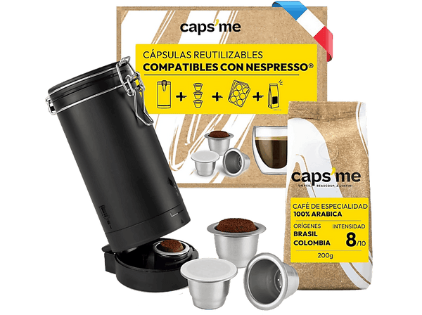 Accesorio cafetera - Caps Me CPM001, Coctelera + 3 cápsulas reutilizables compatibles con Nespresso® + 102 tapas papel + café arábica (200gr)