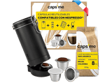 Accesorio cafetera - Caps Me CPM001, Coctelera + 3 cápsulas reutilizables compatibles con Nespresso® + 102 tapas papel + café arábica (200gr)