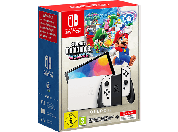 Consola - Nintendo Switch OLED, 7", Joy-Con, 64 GB, Blanco + Juego Super Mario Bros Wonder (preinstalado) + 12 meses NSO + Zelda: Echoes of wisdom