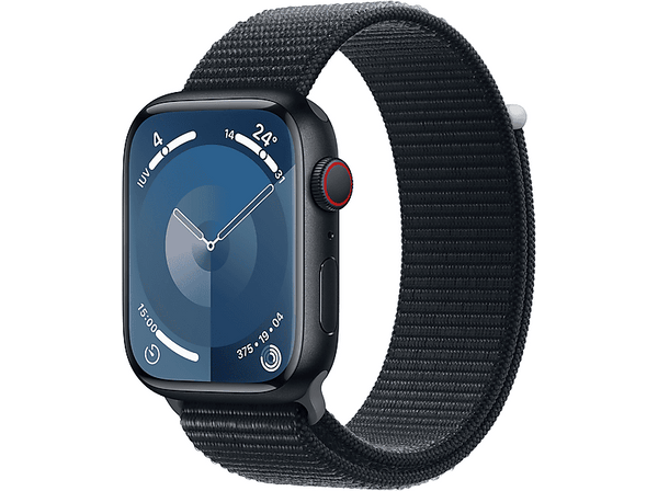 Apple Watch Series 9 (2023), GPS+CELL, 45 mm, Gesto de doble toque, Caja de aluminio medianoche, Correa Sport Loop medianoche