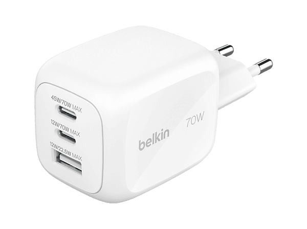 Cargador de pared - Belkin BoostCharge Pro 3-Port GaN, Universal, 3 Puertos, 70 W, USB-C y USB-A, Blanco